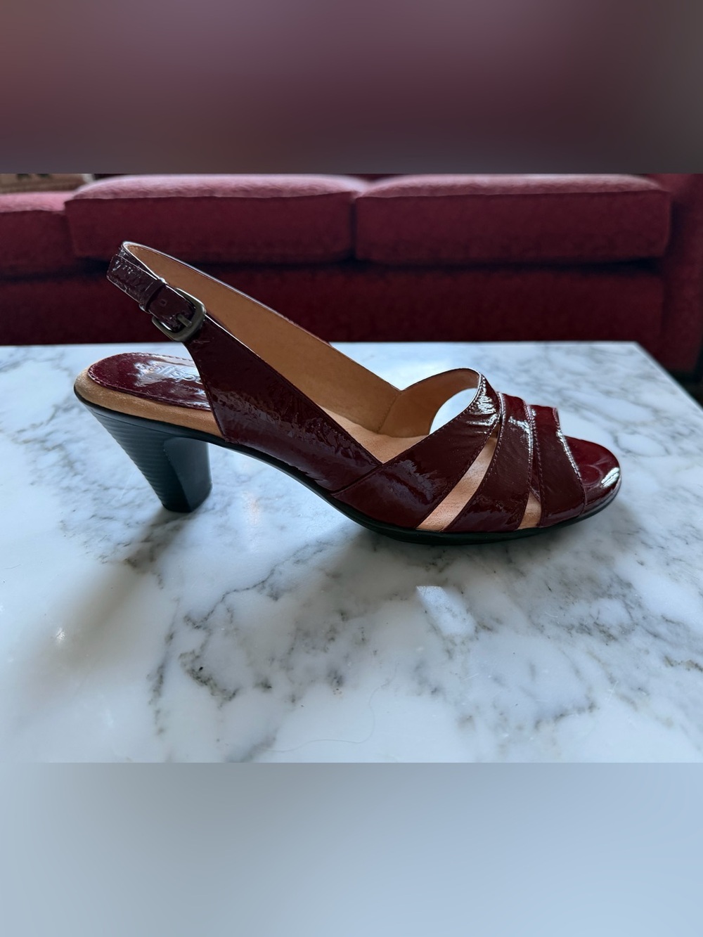 Patent Leather Slingback Heels in Deep Burgundy by Softspots, size 8 WIDE